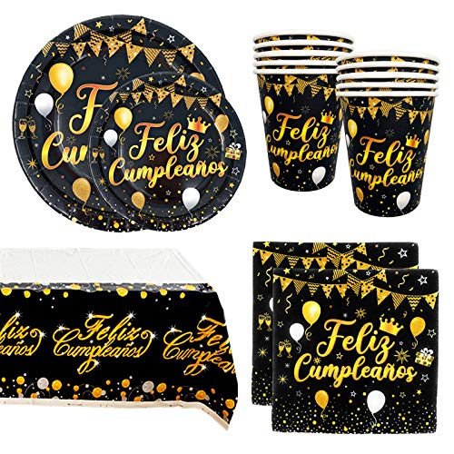Vajilla Desechable para Cumpleaños de Adultos - Platos, Vasos, Mantel y Servilletas - Accesorios para Decoración, Color Negro y Dorado - 16 Invitados(Kit Básico) Vajilla Desechable para Cumpleaños de Adultos - Platos, Vasos, Mantel y Servilletas - Accesorios para Decoración, Color Negro y Dorado - 16 Invitados(Kit Básico)