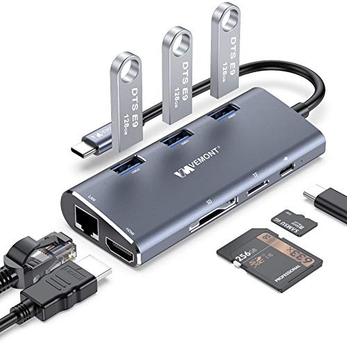 VEMONT USB C Hub Adaptador multipuerto, 8 en 1 Tipo C a 4K @30HZ HDMI, Gigabit Ethernet RJ45,3 USB 3.0,100W PD, SD/TF, Compatible para MacBook Air/Pro, XPS, Chromebook, Más Tipo C Dispositivos