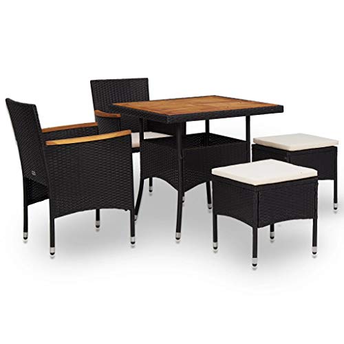 vidaXL Set Comedor Jardín 5 Piezas Ratán Sintético y Madera Acacia Patio Terraza Balcón Exterior Funcionalidad Resistente Intemperie Impermeable Negro