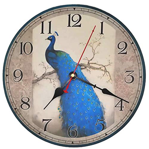 VieVogue Reloj de Pared, Reloj de Pared de Cuarzo Estilo Toscano Vintage silencioso Retro Reloj de Madera Sin Tictac (Pavo Real, 34cm)