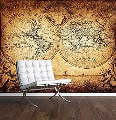 Vintage World Map Mural de pared Papel tapiz fotográfico Papel tapiz 3D de estilo antiguo antiguo Pared Pintado Papel tapiz 3D Decoración dormitorio Fotomural sala sofá pared mural-300cm×210cm