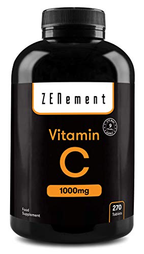 Vitamina C 1000 mg, 270 Comprimidos | Antioxidante, y contra la fatiga | Vegano, sin aditivos, sin gluten, No-GMO, GMP | de Zenement