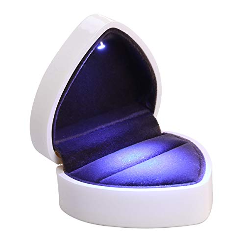 VOSAREA Caja de regalo para anillos de boda con luz LED en forma de corazón, de terciopelo, para anillo de compromiso, día de San Valentín (blanco)