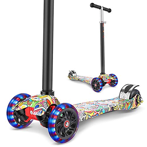 WeSkate Roller - Patinete infantil de tres ruedas con luces LED de poliuretano, altura ajustable y rueda trasera doble, ruedas grandes para niños y niñas de 3 a 12 años, Color naranja.