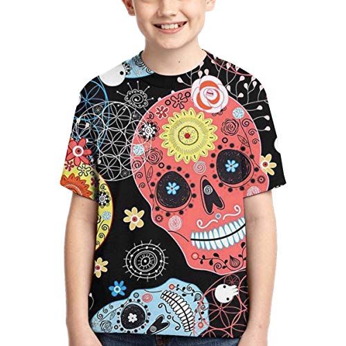 XCNGG Niños Tops Camisetas Youth Short Sleeve T-Shirts Traditional Mexican Sugar Skull Kids Casual Graphics Tees
