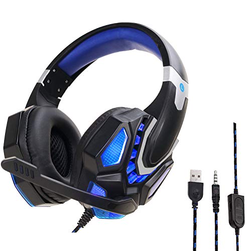 YOUPECK Auriculares Gaming, Auriculares para Juegos para PS4, PS5, Xbox One, Cascos Gaming con Sonido Envolvente y Cancelación de Ruido, Bass Surround, Luz LED, para PC, Laptop, Mac (Azul)