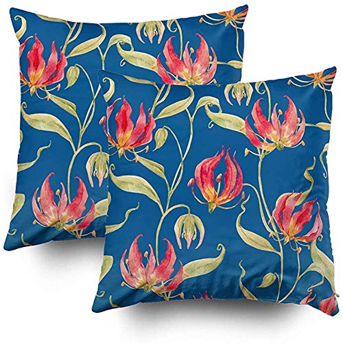 Yuanmeiju Throw Pillow Case Pillow Covers Tropical Orange Flowers Flame Lily Gloriosa Green Leaves Dark Set of 2 Throw Cushion Cover