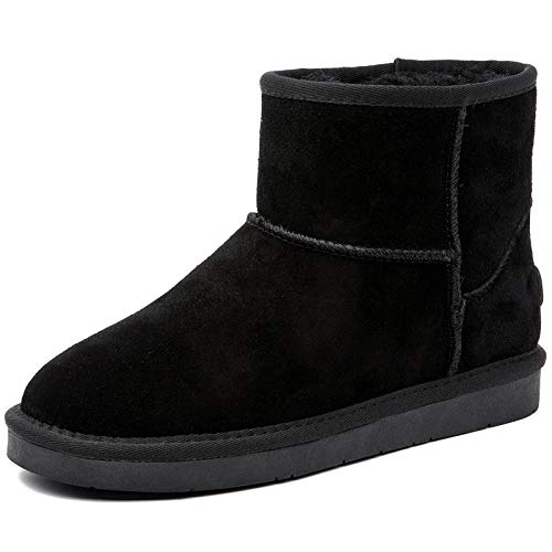 ZGR Botas de nieve clásicas para mujer, de piel de ante de vaca, forro de piel de media pantorrilla, zapatos cálidos al aire libre botines, negro (Negro(Short Black)), 39 EU