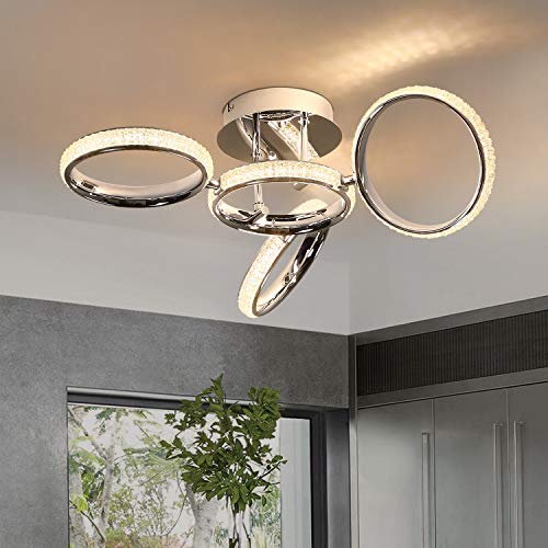 ZMH LED Lámpara de techo moderna 4 anillos giratorios Diseño creativo fabricado en aluminio, cristal y hierro en color cromo 39W Interior 3000K blanco cálido para dormitorio oficina sala de estar