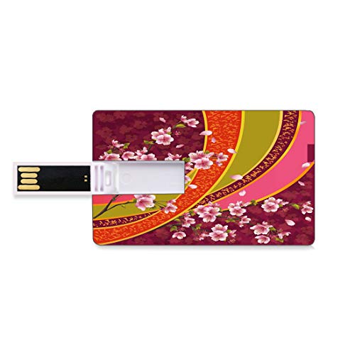 128G Unidades flash USB flash Flor Forma de tarjeta de crédito bancaria Clave comercial U Disco de almacenamiento Memory Stick Estampado de cerezo japonés Sakura Blossom Oriental,marrón pálido verde r
