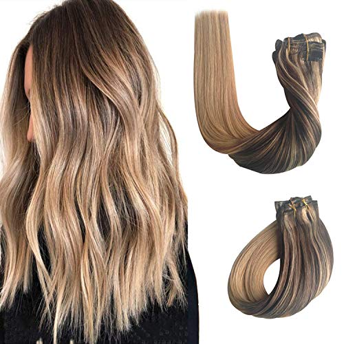 14 Inch Clip in Hair Extensions Human Hair 100g 8pcs Medium Brown Fading to Golden Brown and Strawberry Blonde Highlighted Per Set 100% Human Remy Hair Full Head Silky Straight Clip on