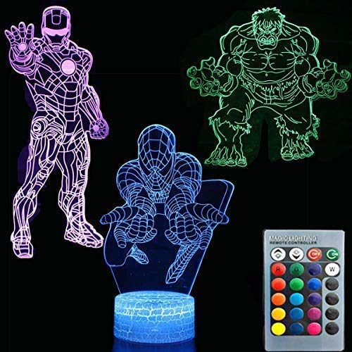 3D Illusion Avengers Super Hero Night Light Three Pattern Iron Man/Spiderman/The Hulk 7 Cambio de color Lámpara de Mesa de escritorio Lámpara de luz nocturna para niños Niños