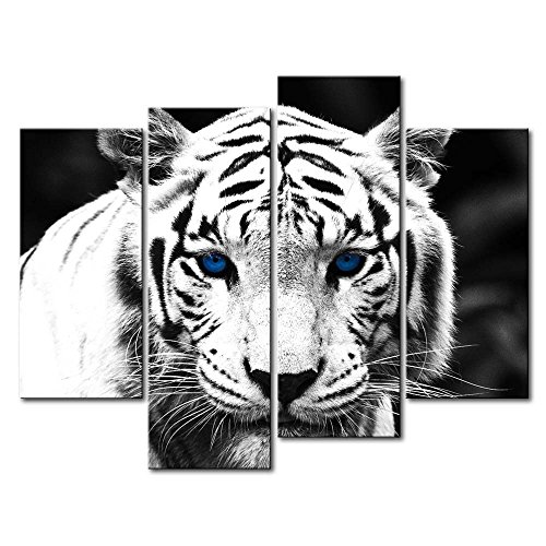4 paneles decorativos blancos y negros, pintura de pared, diseño tigre de ojos azules. Pintura al óleo de animal para el hogar. Decoración moderna para la cocina.
