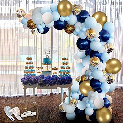 94Pcs Kit de guirnaldas con globos, APERIL Kit de arcos de globos azul blanca y dorada Confeti Lleno de globos de látex Paquete con cinta de globos para cumpleaños Decoración de banquete de boda