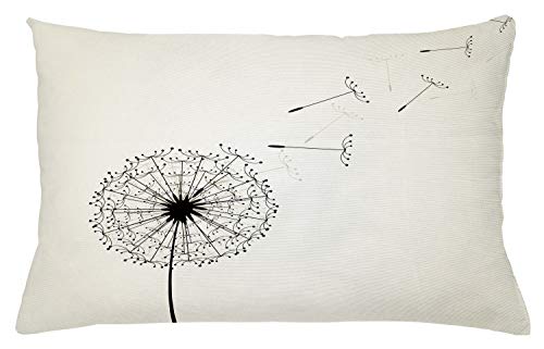 ABAKUHAUS Diente De León Funda para Almohada, Flying Semillas De Flores, Material Lavable para Uso en Interiores y Exteriores, 65 x 40 cm, Negro Y Beige