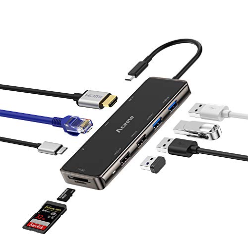 Aceele Hub USB C, Hub multifunción Tipo C 9 en 1 con 2 USB 3.0 & 2 USB 2.0, HDMI 4K, Gigabit Ethernet, PD Tipo C, Lector de Tarjetas SD/TF para iPad Pro 2018, Macbook Pro 2018, DELL XPS 15 y más
