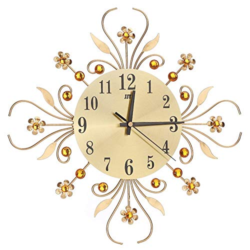 Aeromdale Reloj de pared moderno con diamantes de cristal, reloj de pared de lujo con flores de metal silencioso para sala de estar, dormitorio, decoración de pared del hogar, color dorado 3