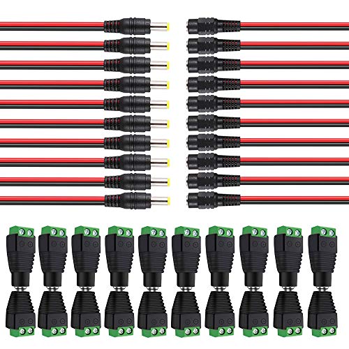 Aiqeer 20 Pares DC Conector Kit, 10 Pares 12V / 24V Macho Hembra DC Conector y 10 Pares 2.1 X 5.5 mm DC Power Pigtail Cable Conector, para CCTV Seguridad Cámaras LED Strip Aiqeer 20 Pares DC Conector Kit, 10 Pares 12V / 24V Macho Hembra DC Conector y 10 Pares 2.1 X 5.5 mm DC Power Pigtail Cable Conector, para CCTV Seguridad Cámaras LED Strip