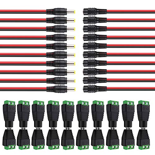 Aiqeer 20 Pares DC Conector Kit, 10 Pares 12V / 24V Macho Hembra DC Conector y 10 Pares 2.1 X 5.5 mm DC Power Pigtail Cable Conector, para CCTV Seguridad Cámaras LED Strip