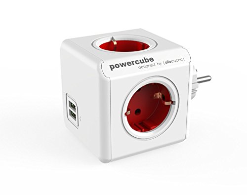 Allocacoc PowerCube DuoUSB Original Rojo, Ladrón Multiple con 4 enchufes/Tomas de Corriente y 2 de USB en Forma de Cubo, Blanco Rojo
