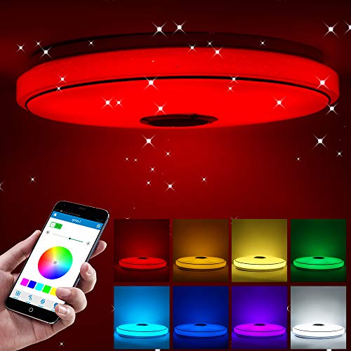 ALLOMN Luz Techo LED, Lámpara de Techo Música Bluetooth Inteligente Luz Cambio Color RGBW Regulable con Control Remoto Altavoz Bluetooth, Brillo Ajustable (36W Nuevo, 1 PCS)