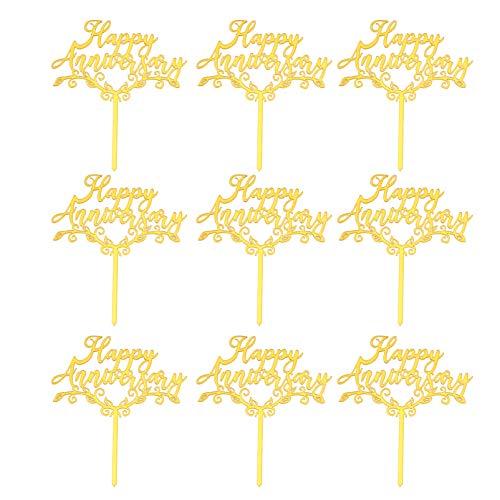 Amosfun 25 adornos para tartas con diseño de Happy Anniversary Cake Acrílicos para boda, fiesta de Navidad, cumpleaños, decoración para tartas románticas (dorado)