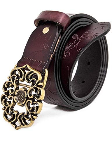 AmyKer para mujer Cinturón de cuero genuino con pantalones vaqueros y hebilla floral, rojo, blanco, marrón, negro (Marrón, 115cm (Cintura: 35"-37"))