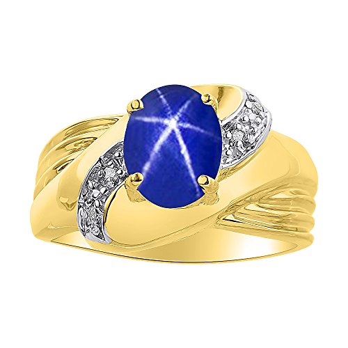 Anillo de plata chapada en oro amarillo con piedra de color y diamantes de imitación, diseño de estrella de zafiro y azul