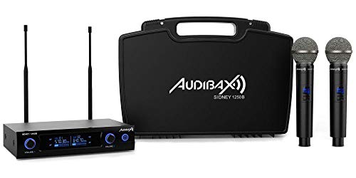 Audibax - Sidney 1250 B - Micrófono Inalámbrico Profesional UHF Doble - Set de 2 Micrófonos de Mano + Maleta - Rango de Cobertura 80 Metros - 1 Receptor Dual con Indicador Display - Pilas Tipo AA