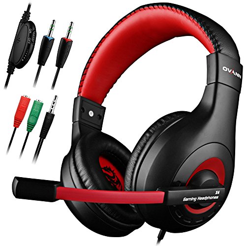Audífonos para juegos, audífonos DLAND de 3,5 mm con aislamiento de ruido con cable Estéreo con micrófono para laptop, XBOX, PS4 y control de volumen (negro y rojo)