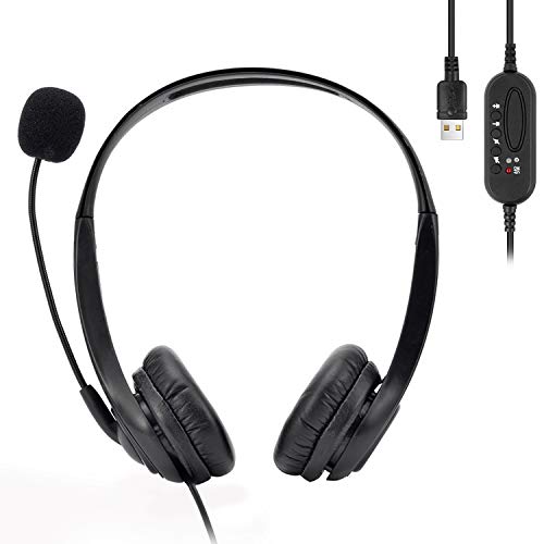 Auriculares con Microfono PC, Auriculares USB Biauriculares con Cancelación de Ruido y Sonido Estéreo Claro, Auriculares PC con Control de Volumen para Skype, Centros de Llamadas, Cursos Online, PC