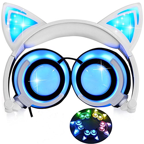 Auriculares de Oído de Gato con la Luz del LED y MicrÓFono,Plegable Headphones con Cable Compatible para TelÉFono Inteligente, Ordenador, MP3 (Blanco)