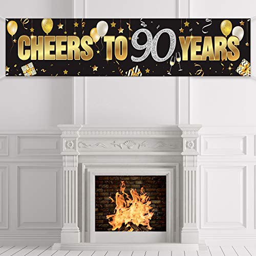 Banner Cumpleaños 90, Decoraciones Feliz 90 Cumpleaños con Cheers to 90 Years, Telón de Fondo de Signo de Cumpleaños Brillante de Oro Negro Suministros para Cumpleaños 90 Años