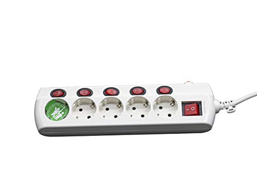 Base 5 tomas con interruptor individual para cada una. Regleta 16A / 250V con protección contra tensión