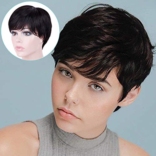 Becus 100% cabello humano Pixie Cut peluca pelo corto en capas rectas con flequillo de parte lateral libre para mujeres (negro natural # 1B)