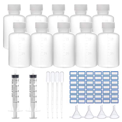 BENECREAT 30 Pack 50ml Botella de Plástico de Reactivos Químicos de Laboratorio con 6 Jeringas, 10 Embudos, 10 Pipetas y Etiqueta para Líquedo, Muestras