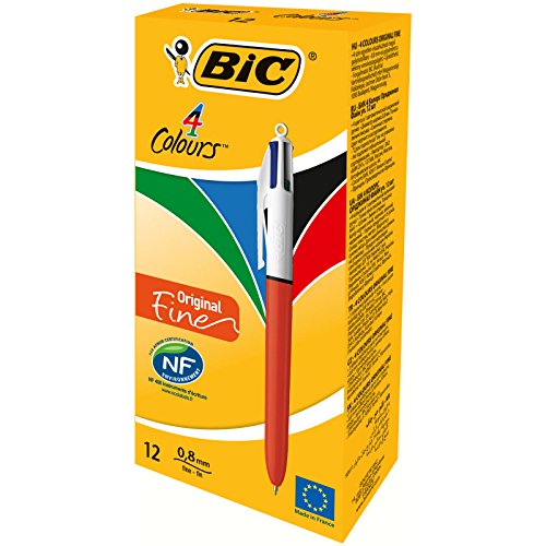 BiC - Bolígrafo Retractable en 4 colores, de punta fina de 0,8 mm , el cuerpo en colores naranja y blanco paquete de 12 unidades