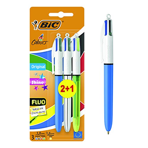 BIC Shine 4 Colours Bolígrafo a presión punta media 1,0 mm cuerpo metálico 4 colores de tinta de una sola pluma Paquete de 3