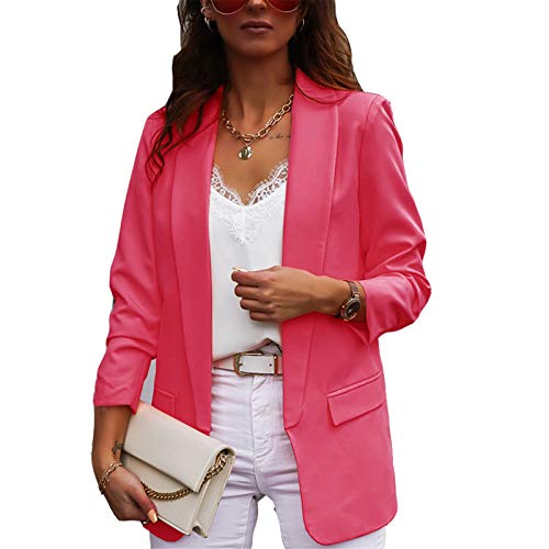 Blazer para Mujer Elegante Mangas Largas Cardigan Chaqueta de Traje Corte Slim de Negocio Oficina Color Sólido (Fucsia, M)