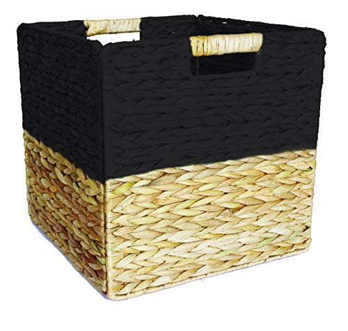 Box and Beyond - Cesta de almacenaje de jacinto de agua y papel, cubo plegable, asas integradas, color natural y negro