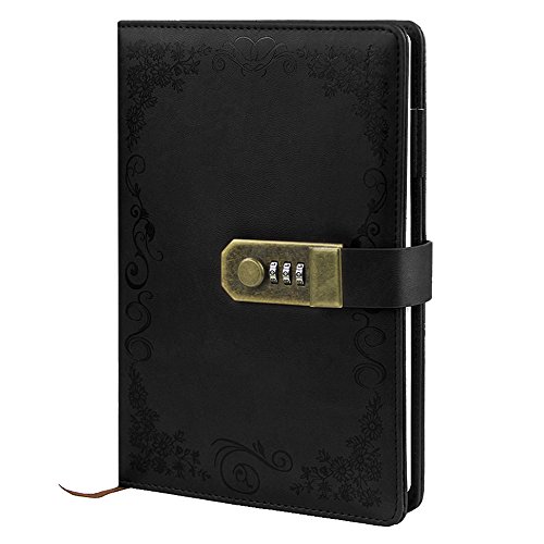 Carnet Secret con bolígrafo cuaderno de notas de candado cuaderno aidemémoire piel diario con cerradura de combinación cuaderno Vintage Diario Notebook rayas de PU Note Book bocetos, color Negro