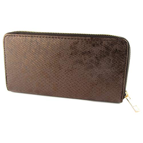 Cartera Mujer con Monedero de Poliuretano Colores Metalizados, Cremallera Circular y múltiples Compartimentos para Tarjetas. Medidas: 19x10x3cm (Marrón) Cartera Mujer con Monedero de Poliuretano Colores Metalizados, Cremallera Circular y múltiples Compartimentos para Tarjetas. Medidas: 19x10x3cm (Marrón)