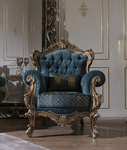 Casa Padrino sillón Barroco de Lujo Azul/Oro 97 x 90 x A. 115 cm - Sillón de salón con patrón Elegante y cojín Decorativo - Muebles de salón barrocos