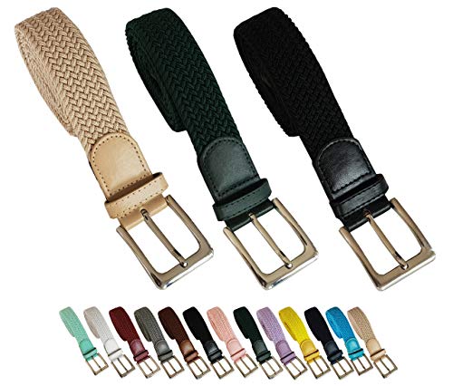 Cinturón trenzado elástico y extensible 3 piezas cinturones con hebilla para hombre y mujer. Pack de 3 colores (Beige - Verde - Negro, 105cm)