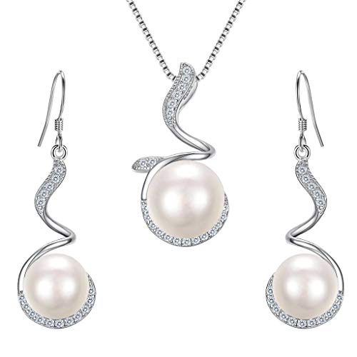 clearine mujeres de 925 plata de ley CZ blanco perla cultivada de agua dulce color Floral Filigrana Colgante Collar gancho Dangle Pendientes Set Claro