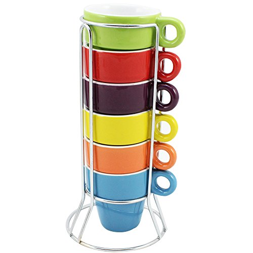 COM-FOUR® 6x Taza de café de cerámica - Tazas de moka con soporte cromado - Tazas de café pequeñas para espresso, moka y capuchino (06 piezas - naranja/violeta/rojo/verde/azul)