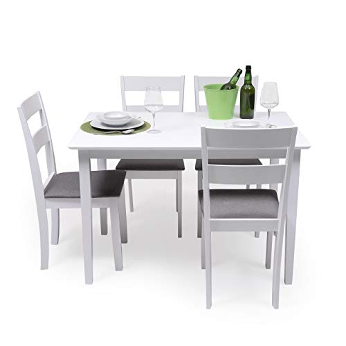 Conjunto de Comedor Kansas & Dallas White Mesa de Comedor de Madera lacada en Blanco de 112x72 cm y 4 sillas de Comedor de Madera lacadas en Blanco y Asiento tapizado de Tela Gris Conjunto de Comedor Kansas & Dallas White Mesa de Comedor de Madera lacada en Blanco de 112x72 cm y 4 sillas de Comedor de Madera lacadas en Blanco y Asiento tapizado de Tela Gris