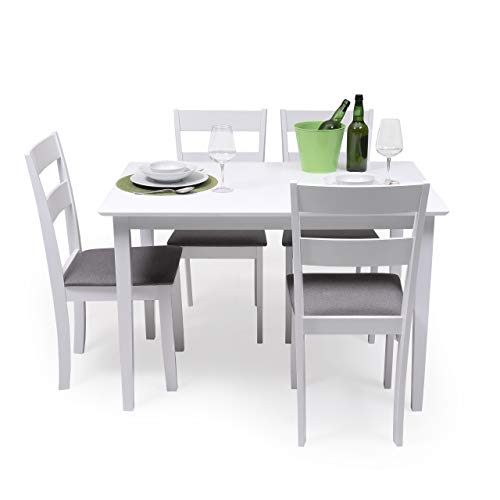 Conjunto de Comedor Kansas & Dallas White Mesa de Comedor de Madera lacada en Blanco de 112x72 cm y 4 sillas de Comedor de Madera lacadas en Blanco y Asiento tapizado de Tela Gris