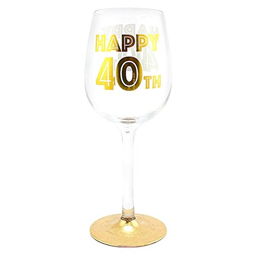 Copa de vino «Happy 40th» con ilustraciones doradas en caja de presentación para 40 cumpleaños