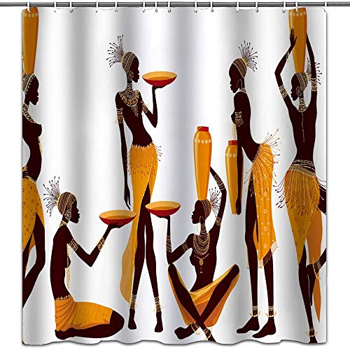 Cortinas de ducha africanas afro para mujer, color negro, temática de tela, juego de cortina de ducha con ganchos, impermeables, lavables, 71 x 71 pulgadas, color amarillo y marrón